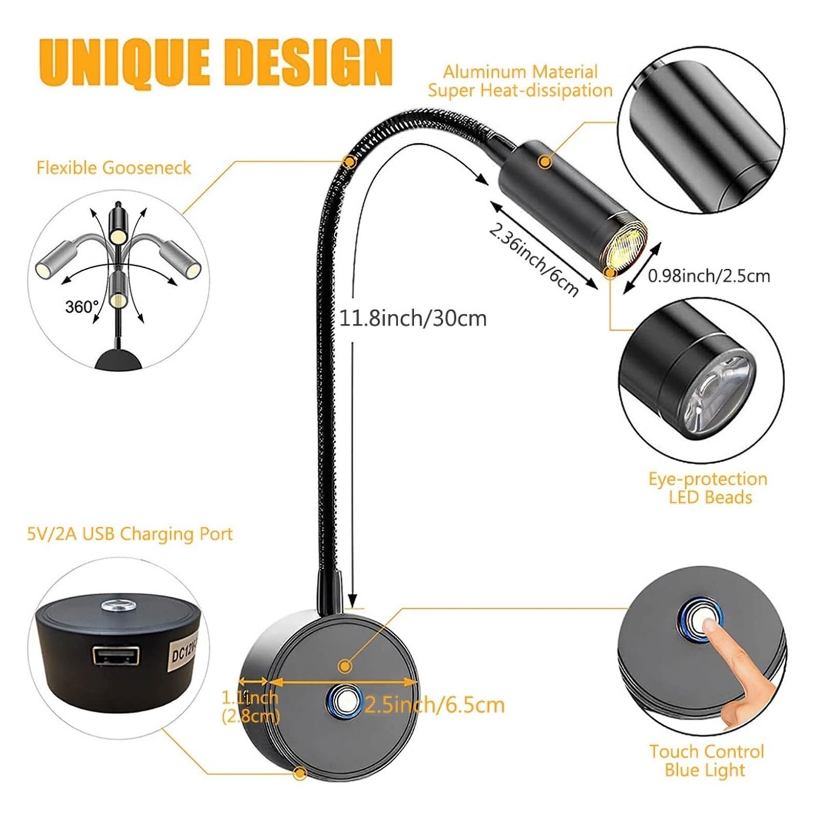 Reflektor LED 12-24 V, Lampki Do Czytania W Kamperze, Giętki, Gęsia Szyja, 3 Kolory, Ściemnialne, Oświetlenie Wnętrza Kampera LED, Lampa Ścienna Do Kampera, Łodzi(2Pcs,Black)