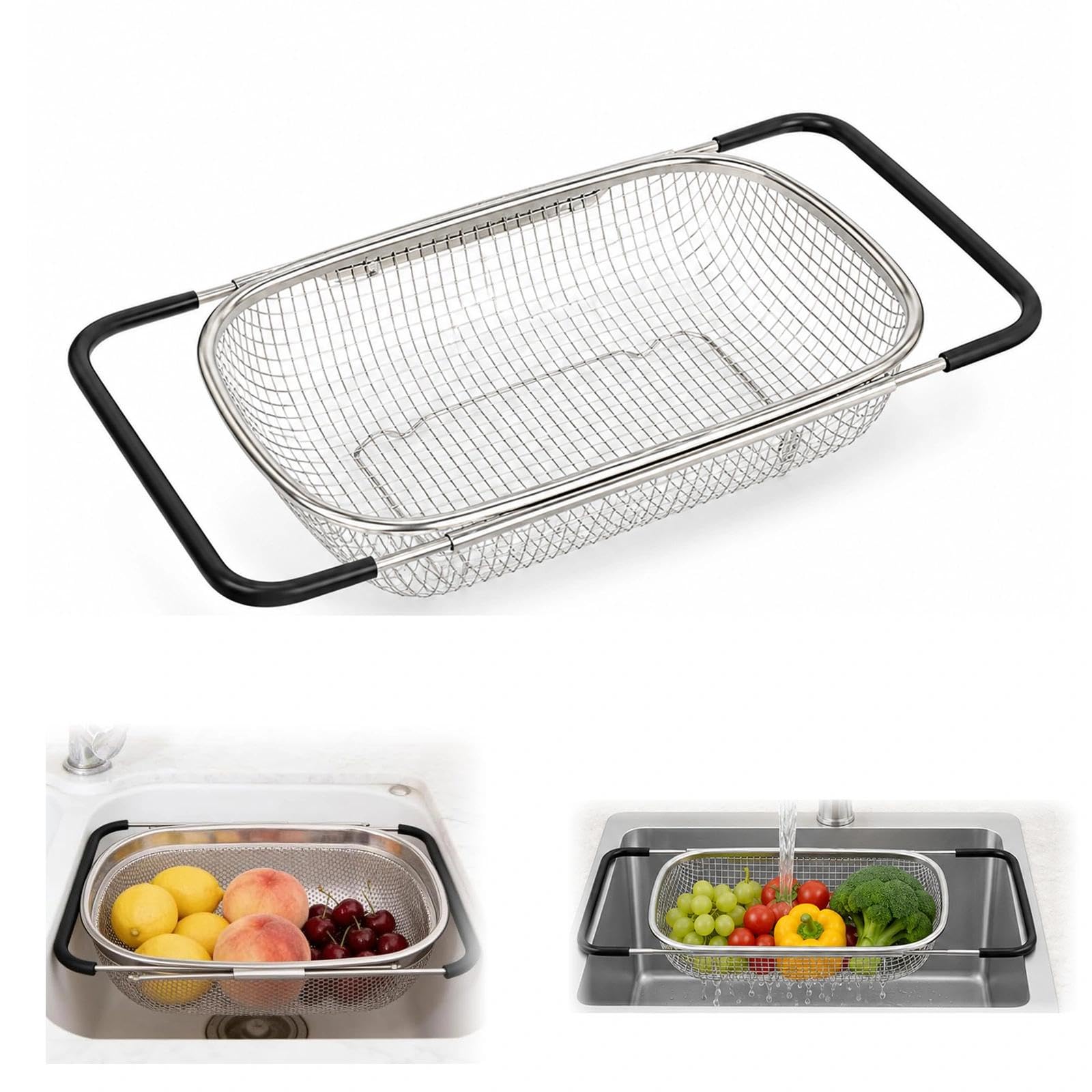 Colador de cocina extensible 27 x 18 x 11,5 cm (27 x 18 x 11,5 cm), colador de acero inoxidable para escurrir, lavar frutas y verduras