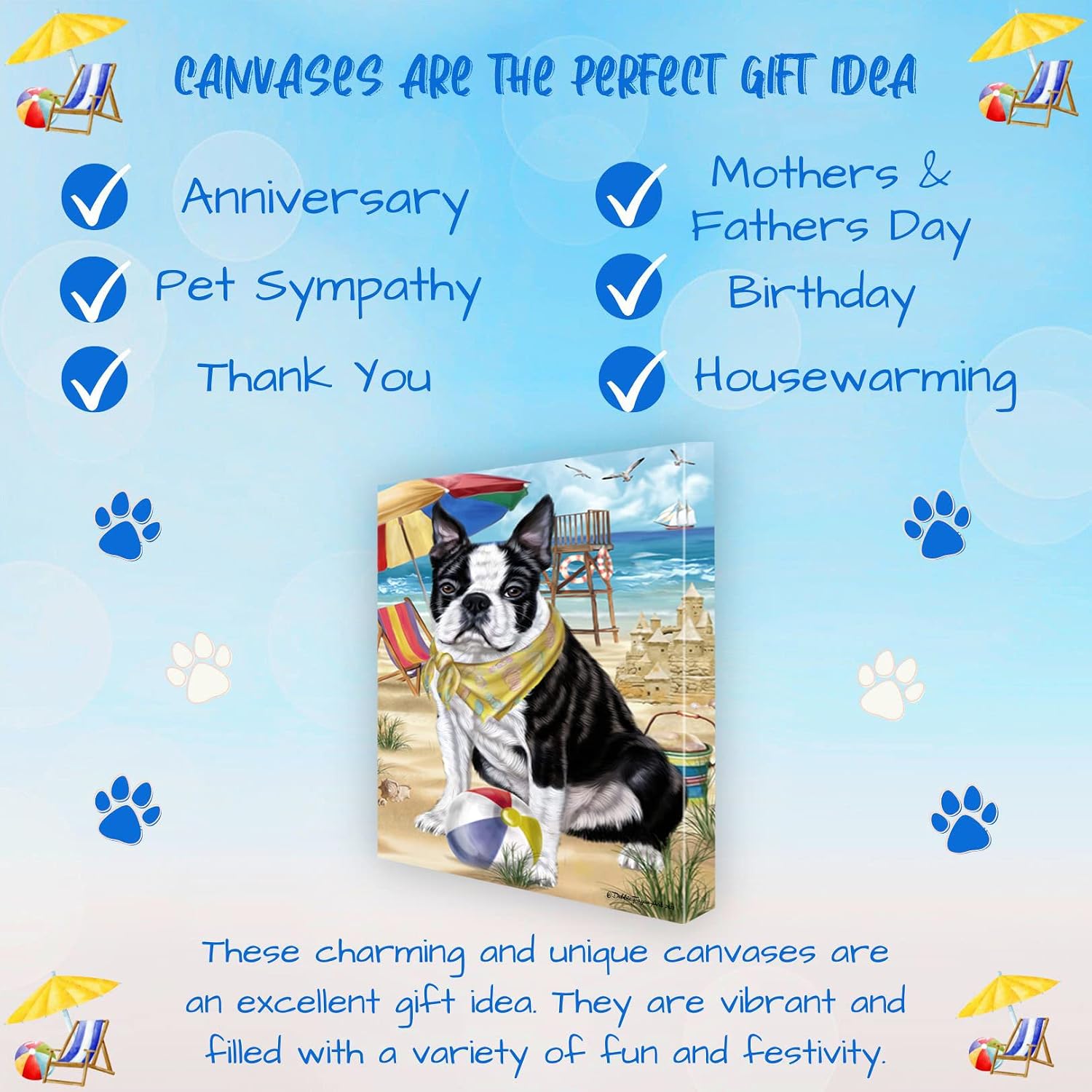 Doggie of the Day Pet Beach with Boston Terrier Dogs Canvas Wall Art - Premium Quality Ready to Hang Room Decor - 1.5" Thick Canvas Wrap 16" x 24"