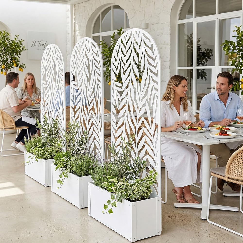 Fioriera con spalliera graticola rettangolare alta cm 150 vaso 60x32 in Metallo Bianco Separè Decorativo per Piante Rampicanti e Divisorio per Ambienti Design Moderno Ideale per Casa Bar Ristoranti.