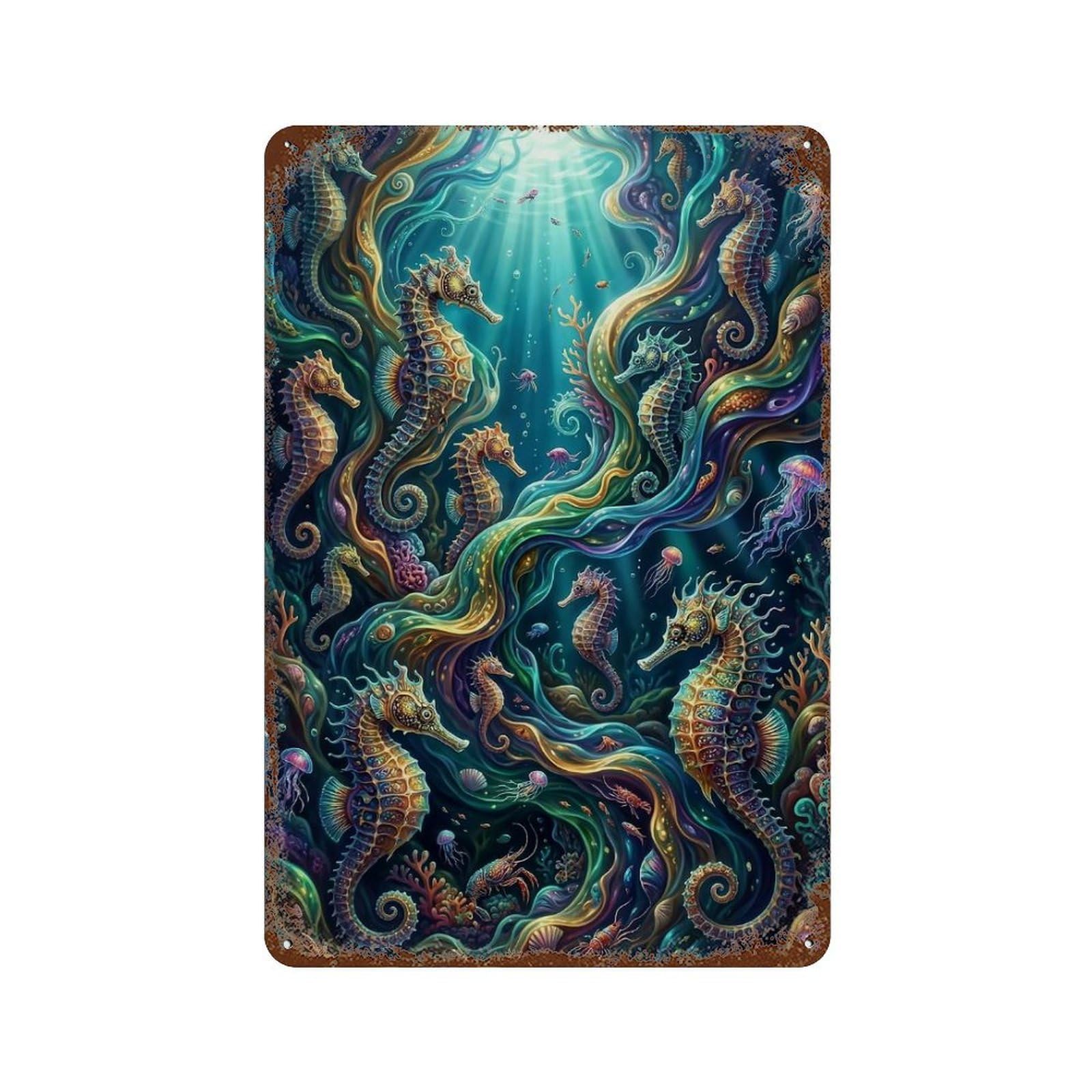 Seahorse Underwater Fantasy Rustic Tin Plaque 11.8"x7.9", Ideal for Patio, Garden Room And Bar Decor