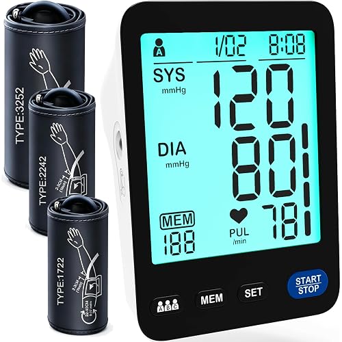 Blood Pressure Monitor for Home Use 3Cuff-FDA-Cleared S/M/L/XL Size Automatic Upper Arm BP Machine Adjustable Cuffs Large LCD Digital Display Black 3X199 Memory Fit Teens &Adult All Body Types