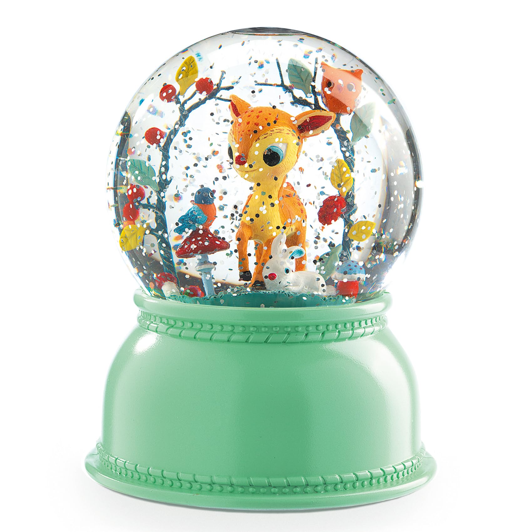 DJECO, Veilleuse Enfant Boule à Neige, Faon, Vert | Confort Apaisant pour Sommeil, Minuterie 45 Min, Moteur Silencieux, Lumière Changeante, Idéal Cadeau Naissance