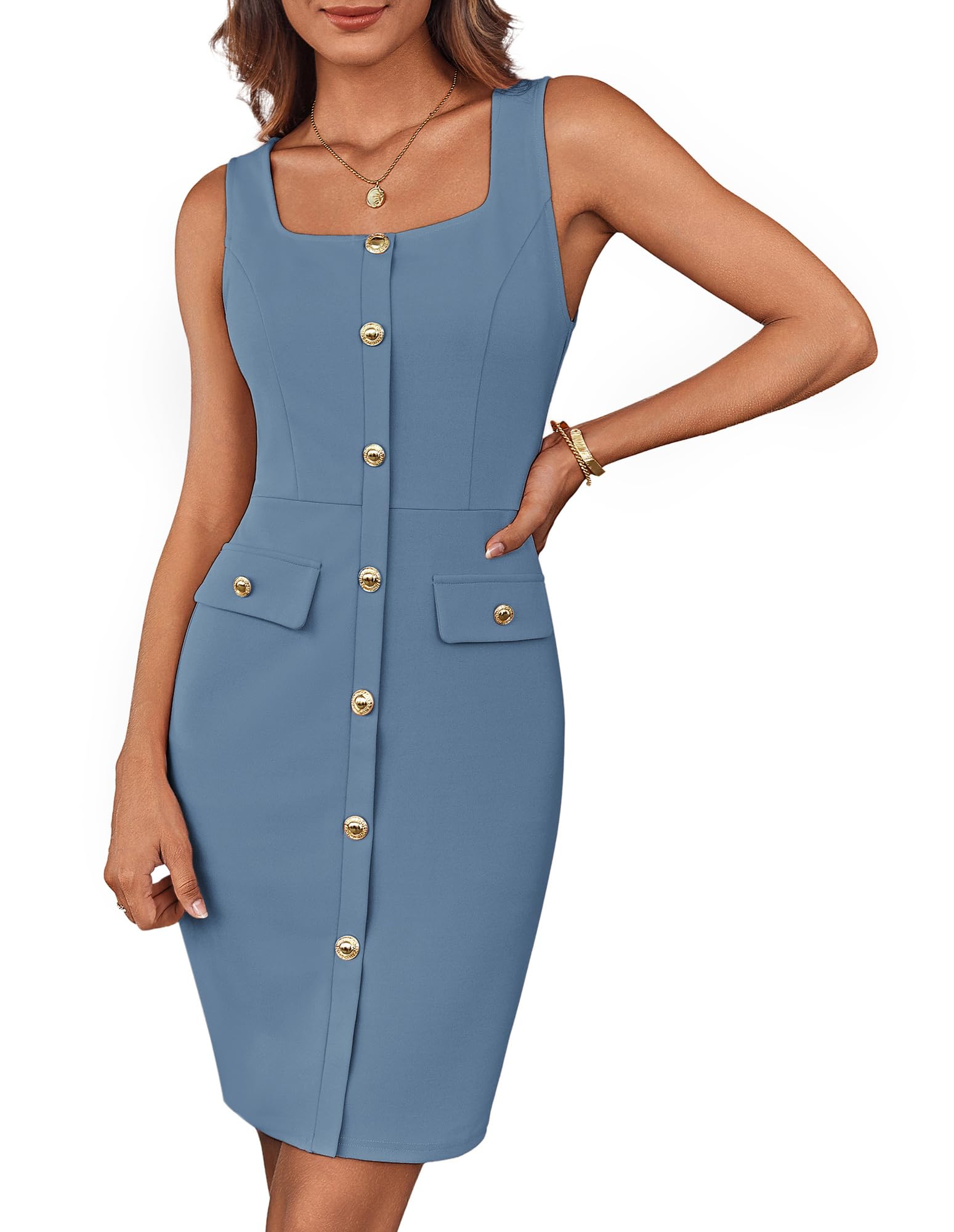 GRACE KARIN 2025 - Vestido de trabajo para mujer, con botones, cinturón, cuello cuadrado, sin mangas, entallado
