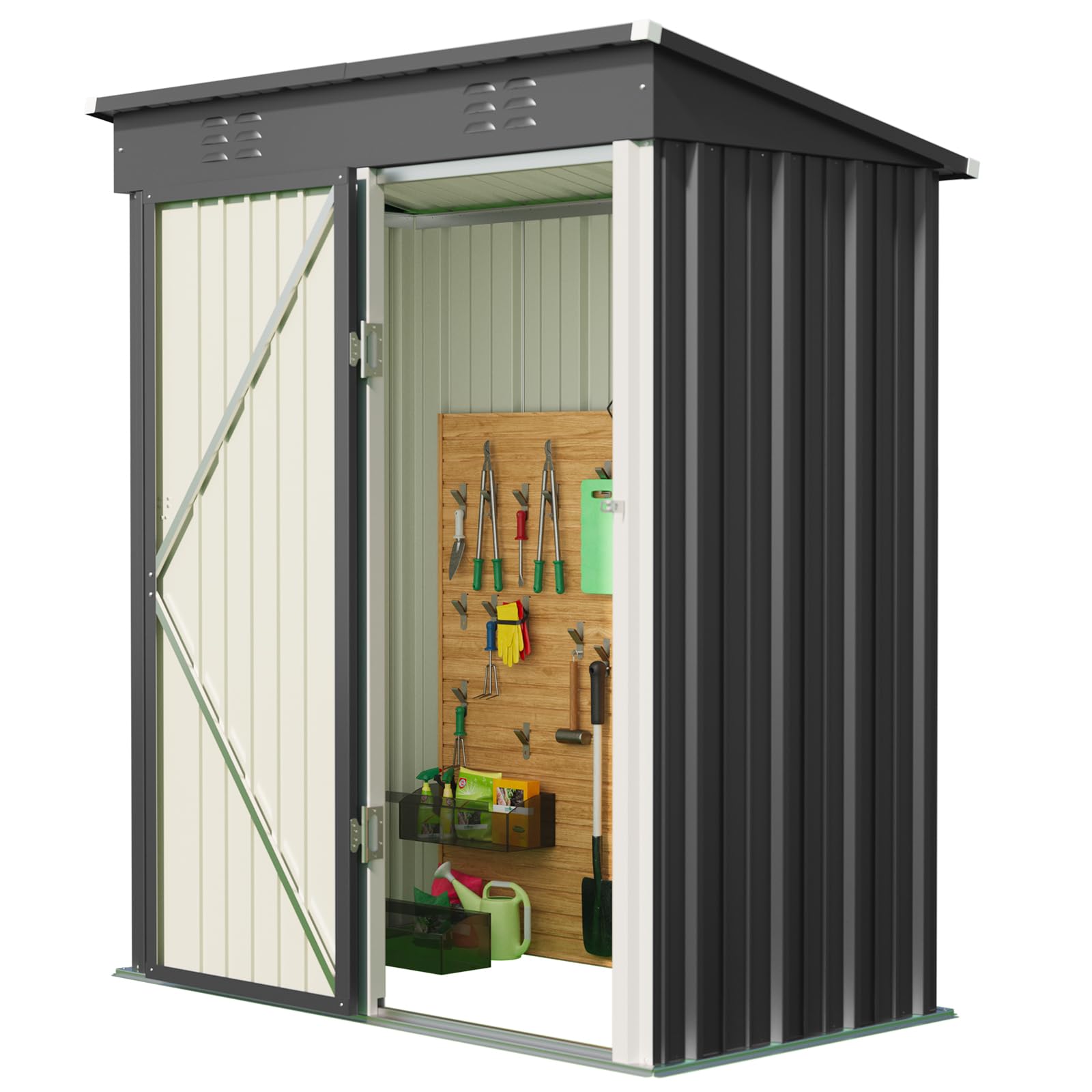 Gerätehaus Metall 161×94×182 cm, Gartenschuppen mit Schrägdach, Wetterfest & Rostfrei, Gartenhaus mit Belüftung & Regalböden, für Garten, Terrasse & Rasen (Grau)