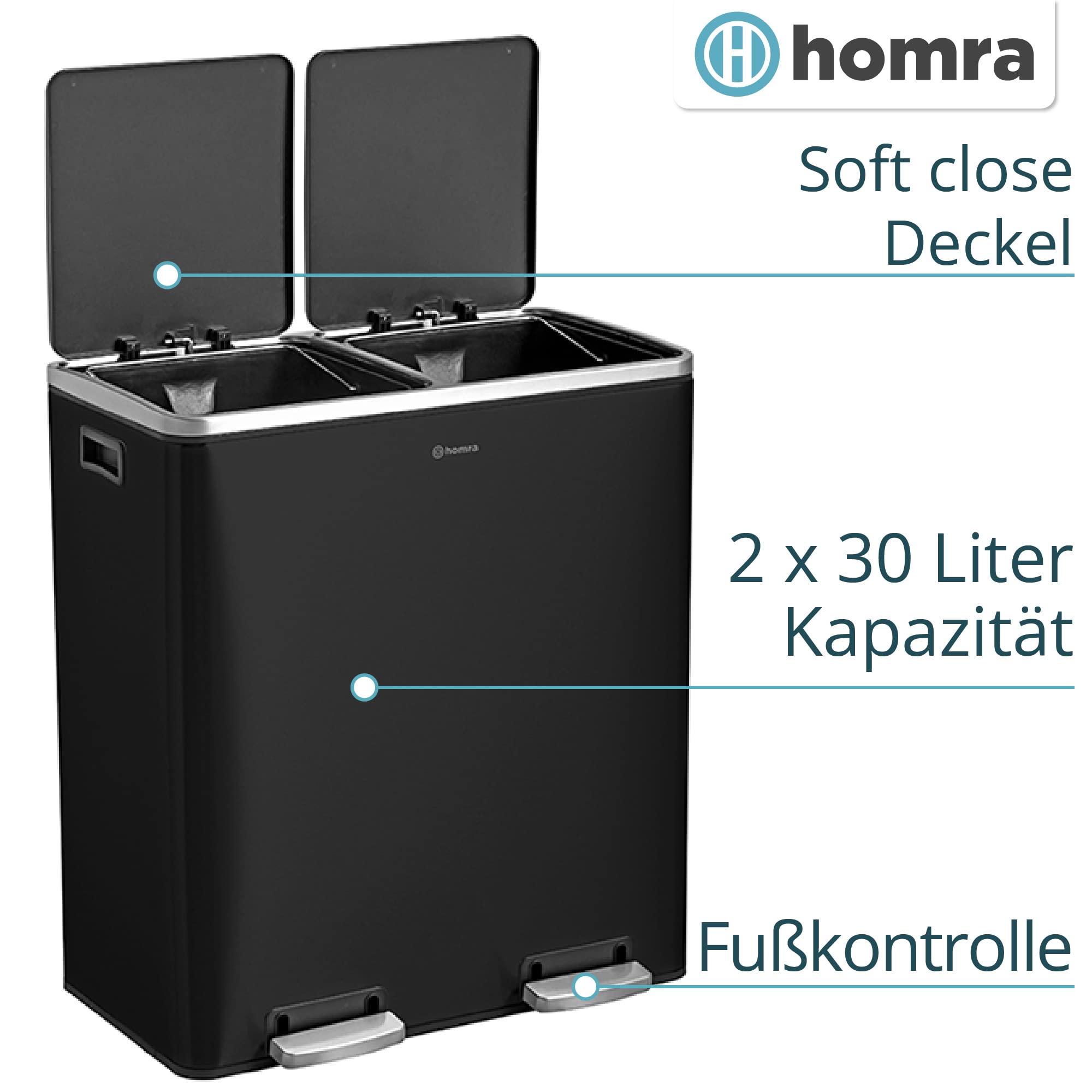 Homra Mülleimer 60l Quickx | Tretmülleimer Küche 2x30 Liter | Treteimer aus Edelstahl | Abfalleimer mit Inneneimern | Trennsystem 2 Fach | Mülltrennsystem | Papierkorb | Softclose | Schwarz