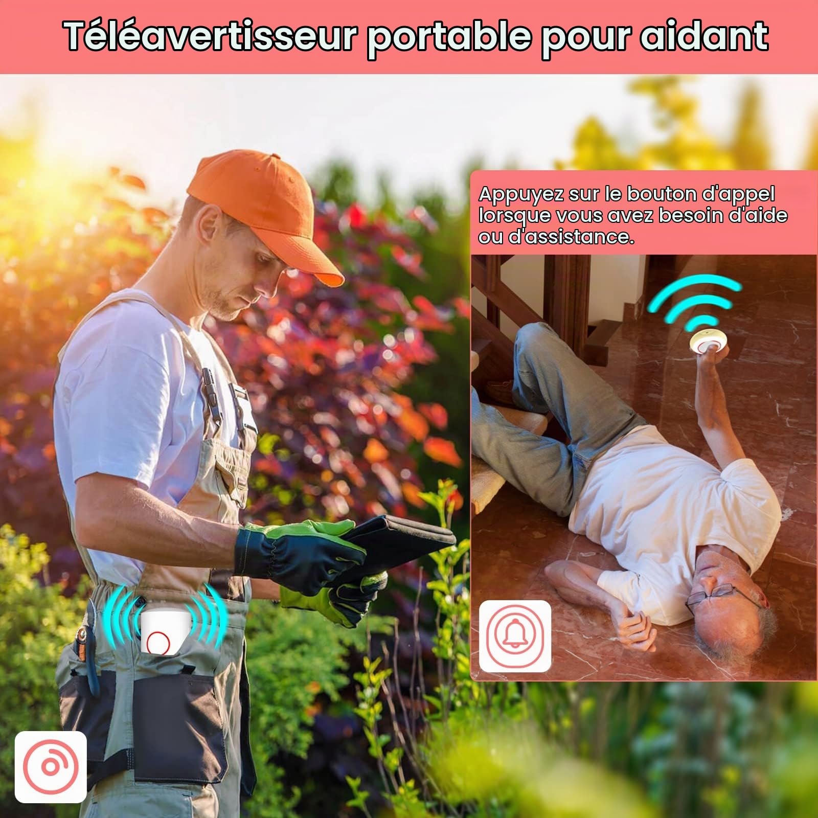 Bouton d'appel d'urgence pour Personne âgé, système Appel d'urgence d'alerte à Domicile, Avertisseur pour Personne âgé, Alarme Maison Récepteur, 1 récepteur et 1 émetteur SOS