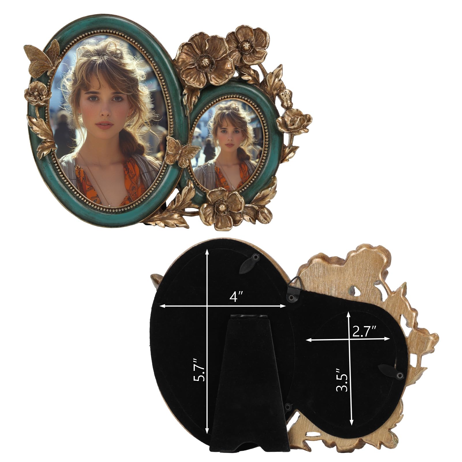 Giftgarden Vintage Oval Picture Frame 4x6 and 2.5x3.5, Retro Double Photo Frame for Tabletop or Wall Display, Gift Frame for Mom Mother Grandmother, Antique Blackish Green