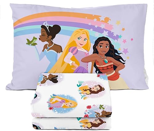 Disney Princess - Juego de sábanas tamaño individual, juego de ropa de cama de 3 piezas para niños, incluye funda de almohada, sábanas de microfibra