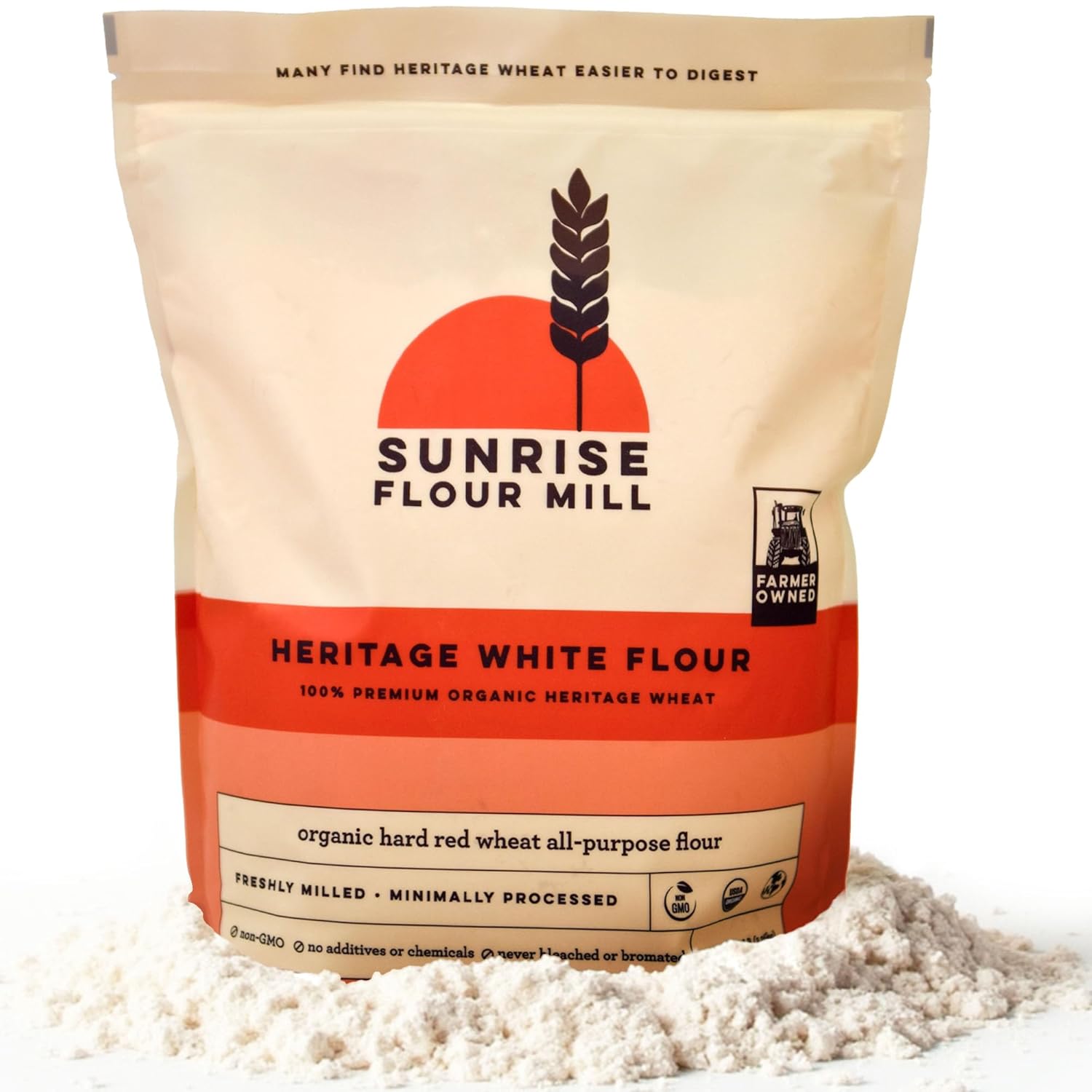 Sunrise Flour Mill Heritage Organic White Flour | USDA Organic All Purpose Flour Unbleached - Non-GMO, Kosher, Grown Without Glyphosate, High Protein for Baking, Unbromated White Wheat (80 Ounce (Pack