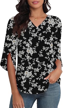LAOLASI Womens Summer Chiffon Blouses 3/4 Sleeve V Neck Casual Loose Work Tops for Leggings 2026 Flowy Dressy Tshirts