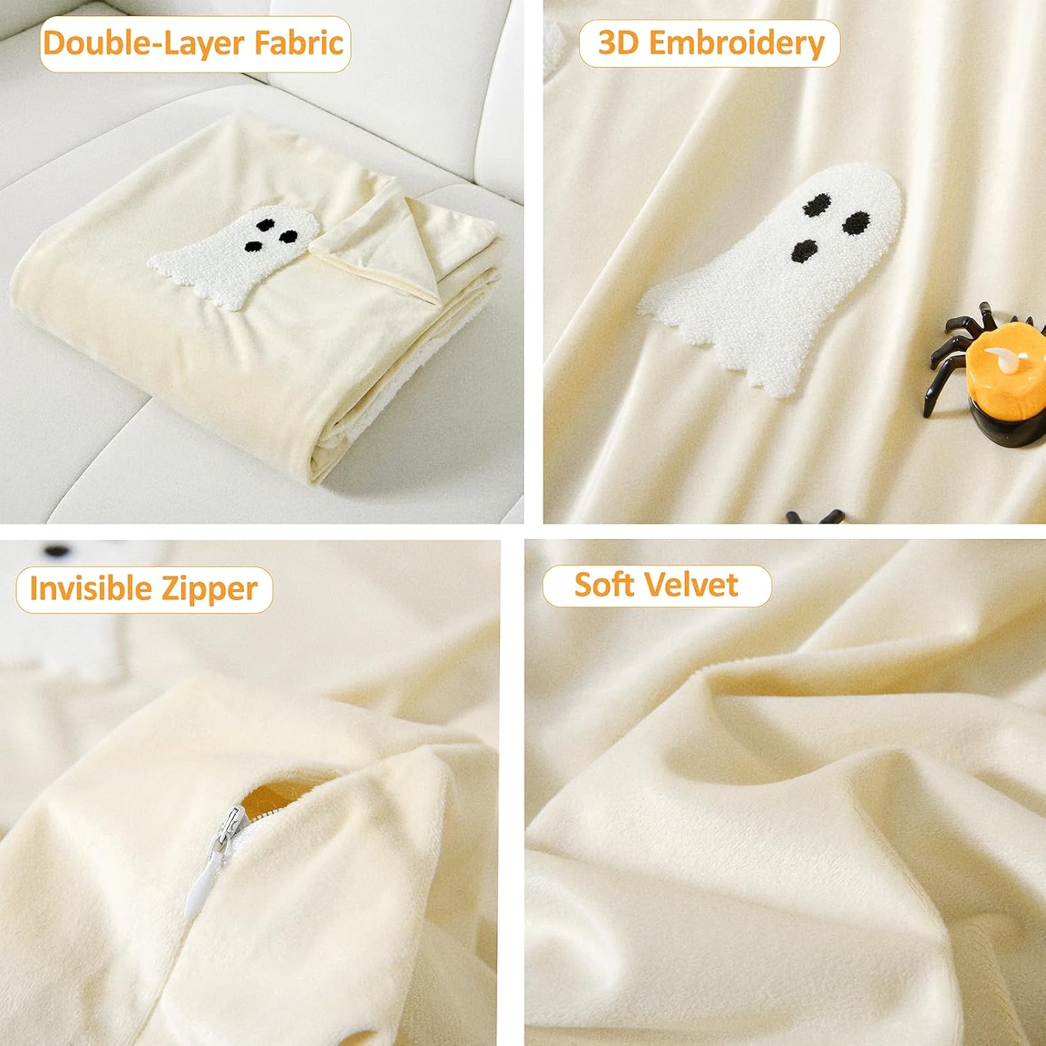 Halloween Ghost Throw Blanket 50x60, Ultra Soft Velvet All-Season Decorative Blankets with 3D Embroidered Ghost, Hidden Zipper for Duvet Insert, Cozy Bed or Sofa Blanket (White) - Image 2