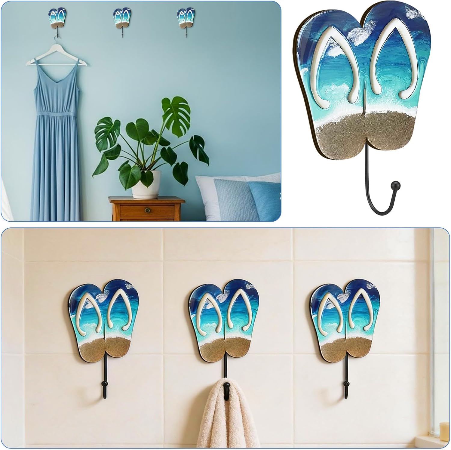Novabright 3 Pcs Flip Flops Wall Hooks Wooden Summer Coastal Decor Beach Theme Towel Hooks for Hanging Coat Wall Mounted Decorative Rack Hangers for Beach Swimming Pool Bathroom Bedroom Decoration