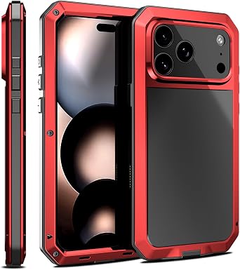 Metal Case Compatible with iPhone 17 Pro Max 6.9 inch Heavy Duty Military-Grade Protection Rugged 360 Full Body Built in Screen Protector Aluminium Phone Cover,Red