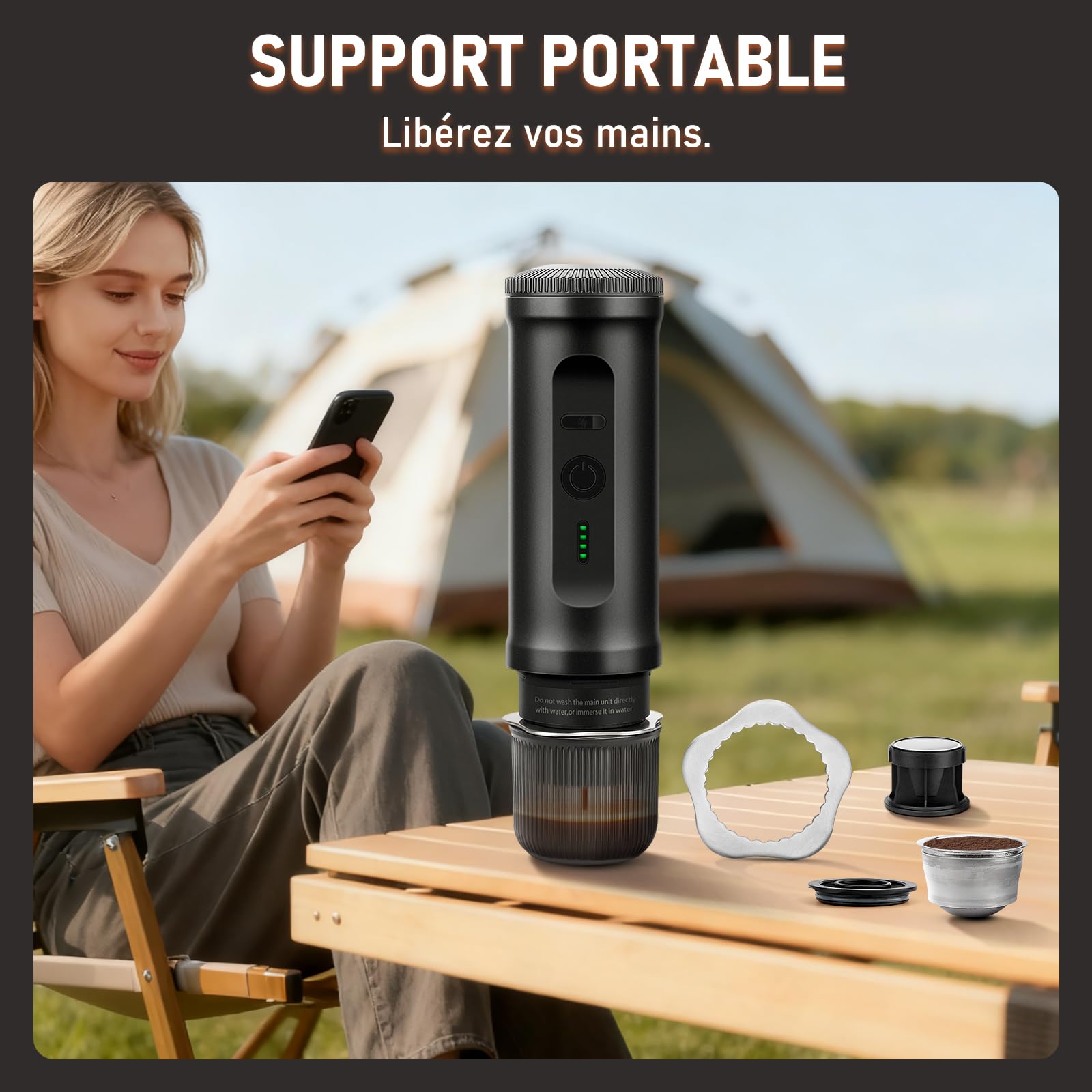 ICARE Machine à Café Portable, Cafetière Portable 2 en 1 pour Capsules NS et Café Moulu, Auto-Chauffante, Recharge USB-C, Indicateur de Batterie, pour Camping, Randonnée, Voyages, Camping-cars (Noir)