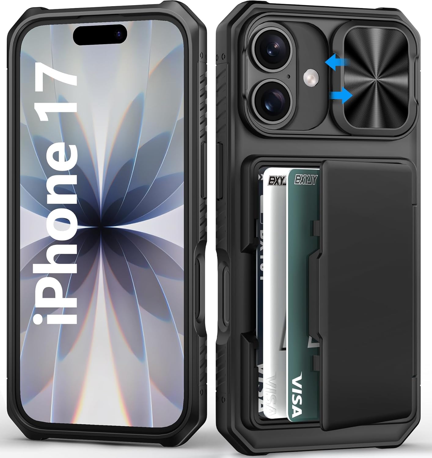 for iphone 17 case wallet, card holder (4-5 cards), slide camera cover, military drop protection, rugged heavy duty men women shockproof protective phone case for iphone 17 6.3" 2025, black black iphone 17, 6.3"