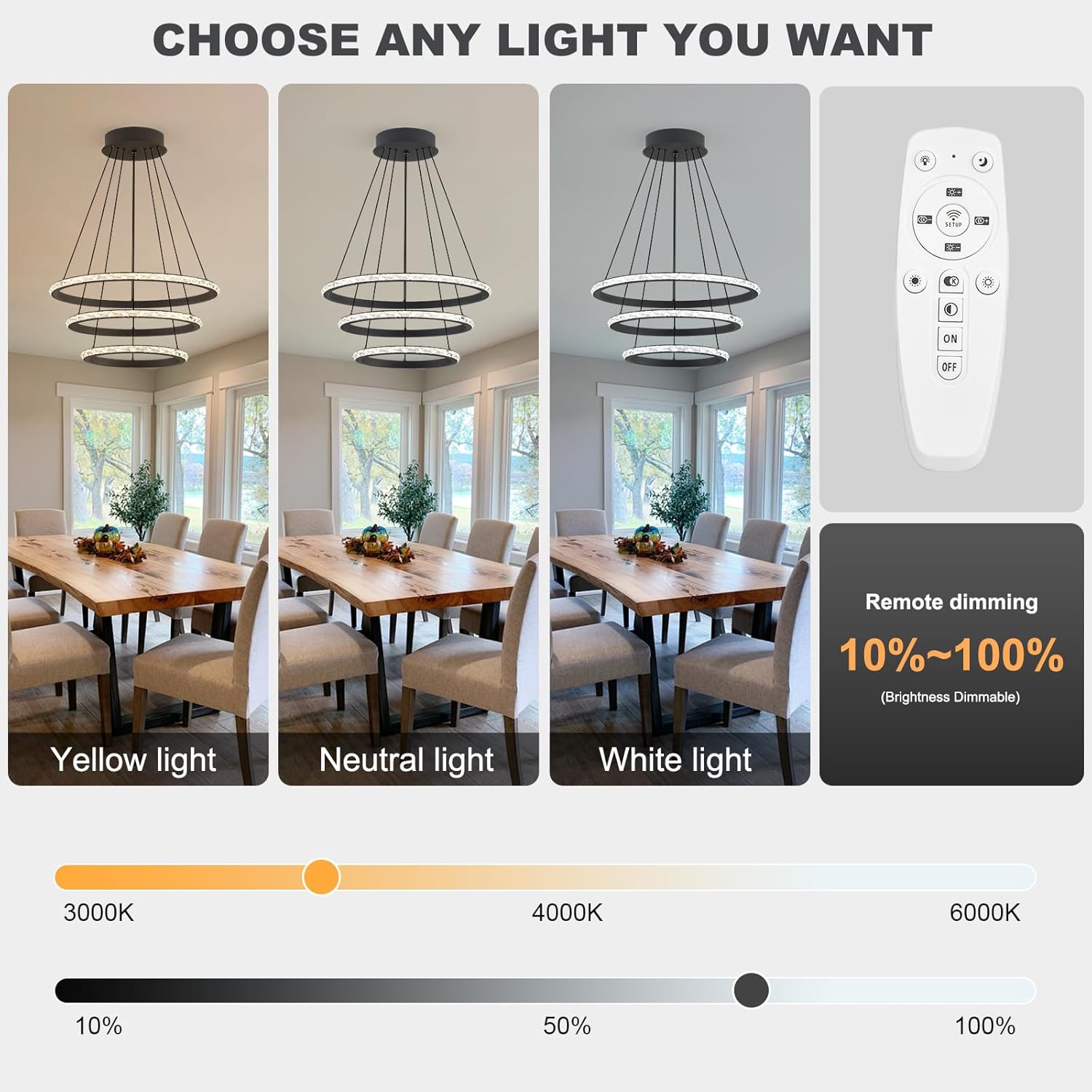 Modern 3-Ring Crystal Ring Chandelier, 56W Dimmable LED Pendant Light with Remote, Adjustable Multi-Shape Ceiling Fixture for Living Room Dining Room Staircase, Black