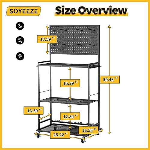 Miniatura 2 de SOYEEZE Soportes para cañas de pescar de gran tamaño para el garaje, estante de 3 niveles para cañas de pescar con tablero de clavijas y ganchos,