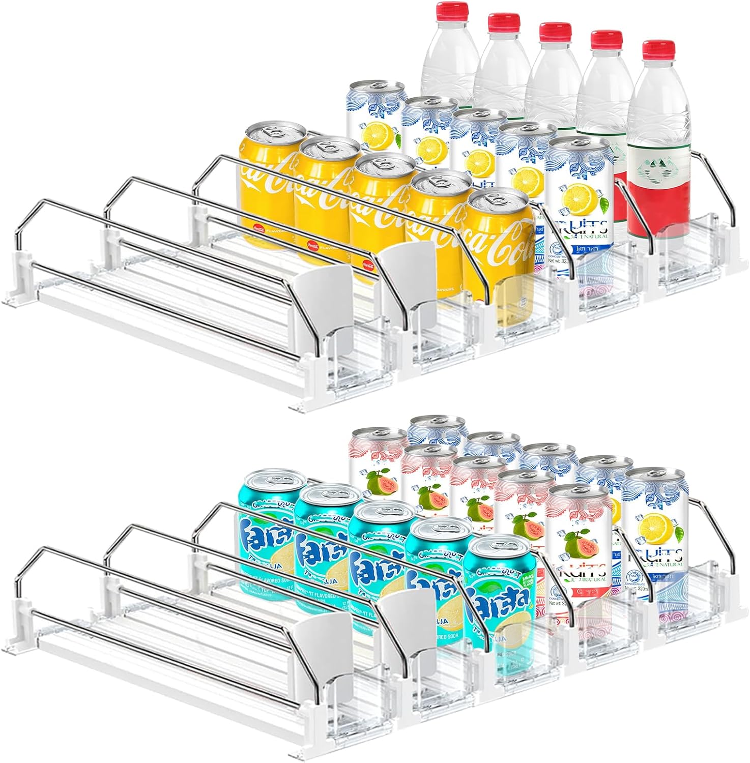 2 Pack Drink Organizer for Fridge, Self Pushing Fridge Drink Organizer, Self Pushing Soda Dispenser for Refrigerator, Automatic Drink Dispenser for Fridge, Holds up to 50 Cans (10 Rows)