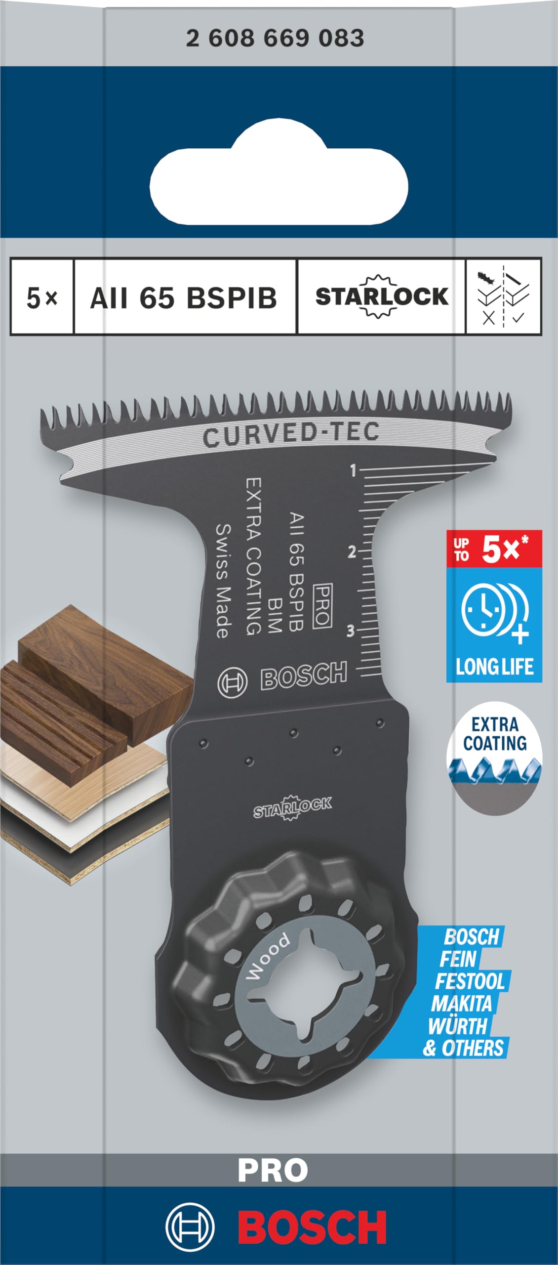 Bosch 5 x PRO Multi Material AII 65 BSPIB arkusz do narzędzi wielofunkcyjnych (do twardego drewna, płyt powlekanych tworzywem sztucznym, szerokość 65 mm, profesjonalne akcesoria, narzędzie