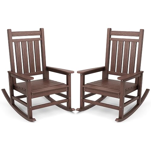 SERWALL Oversized Outdoor Rocking Chair Set of 2, HDPE Rocker for Adults, Patio Rocking Chairs for Porch, Brown