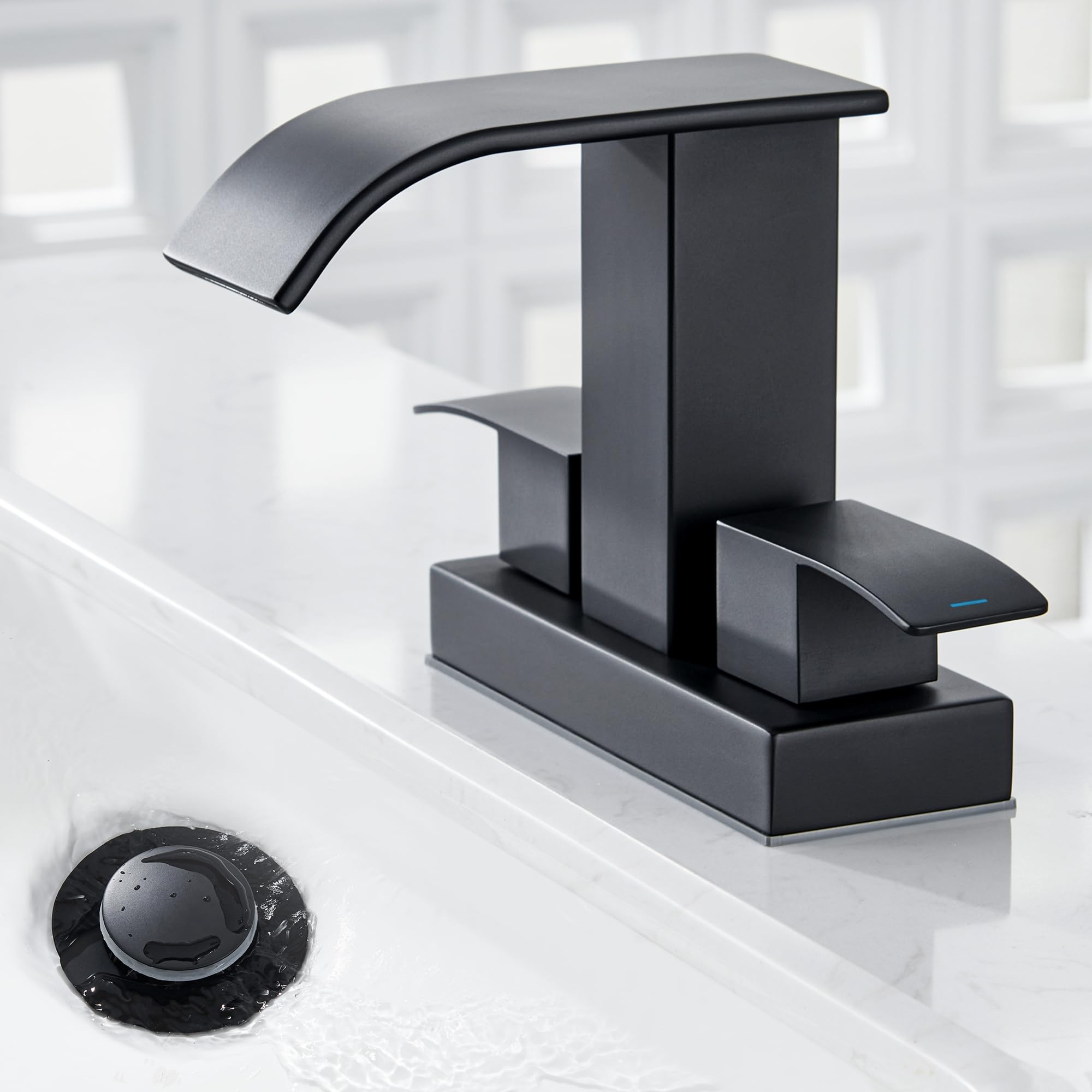 Black Bathroom Sink Faucet with Drain, 2 Handles Bathroom Centerset Faucets for Bathroom Sink 2 or 3 Hole, Waterfall Bathroom Faucet with Overflow Metal Pop-up Drain, Matte Black