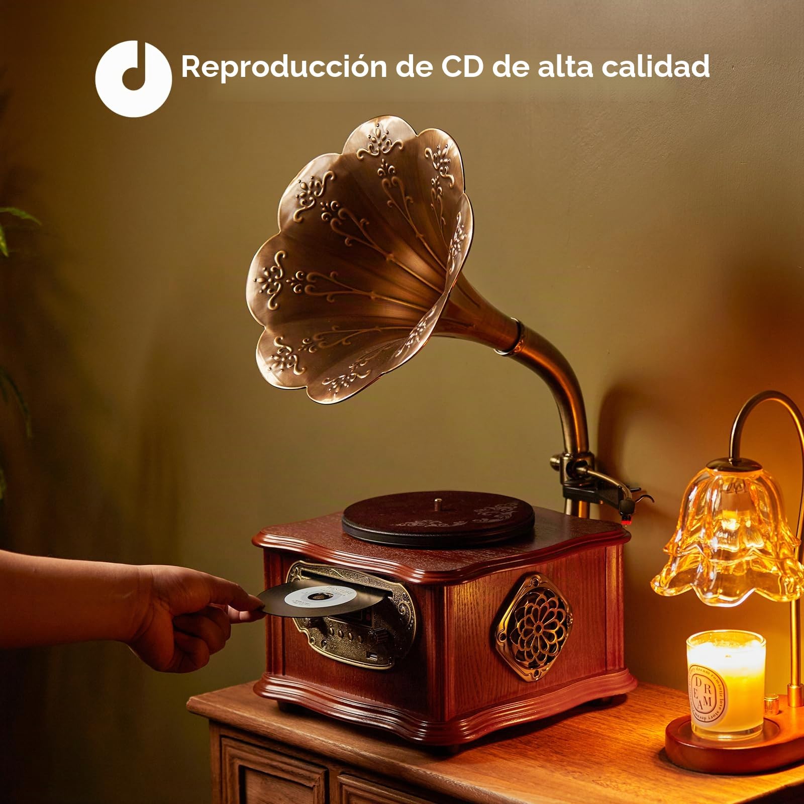 Gramófono retro negro, tocadiscos con Bluetooth, fonógrafo y reproductor de CD, radio FM, control mediante mando a distancia