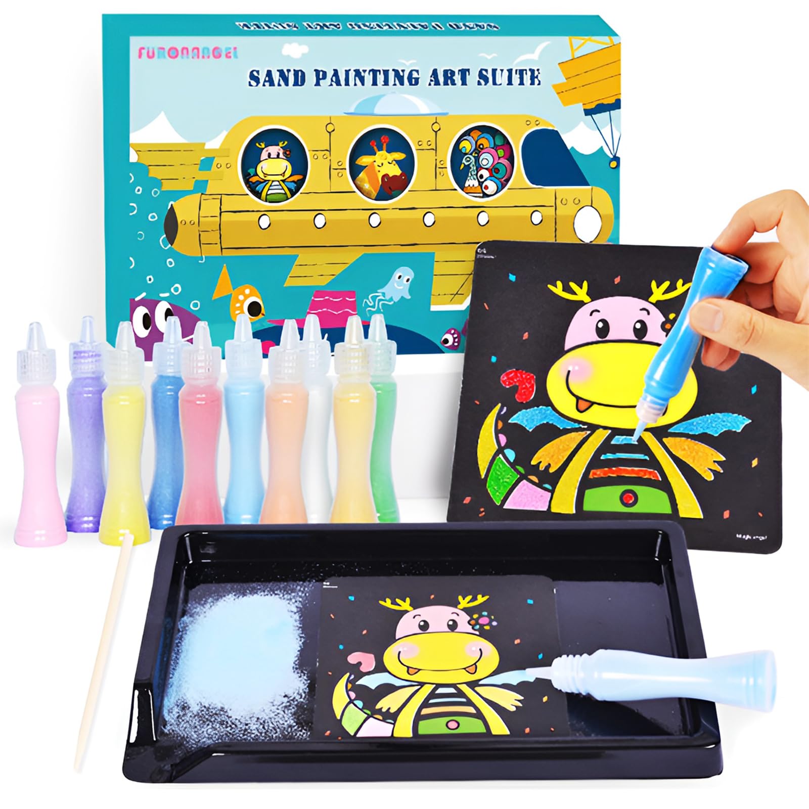 Sand Art Kit, GROIC Sand Art Painting Kit for Kids, Creative DIY Sand Pictures Activity-10 Colored Sand Paintings,10 Glitter Sand, Sand Tables, and Drawing Pen, Art & Crafts Gifts for Boys Girls 3+