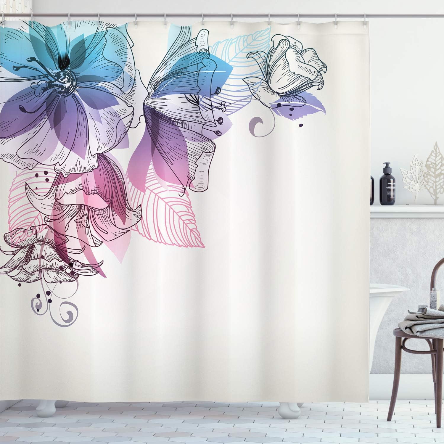 Ambesonne Flowers Shower Curtain, Buds Leaf at The top Left Corner Season Celebrating Theme Illustration, Cloth Fabric Bathroom Decor Set with Hooks, 69" W x 70" L, Blue Purple Pink