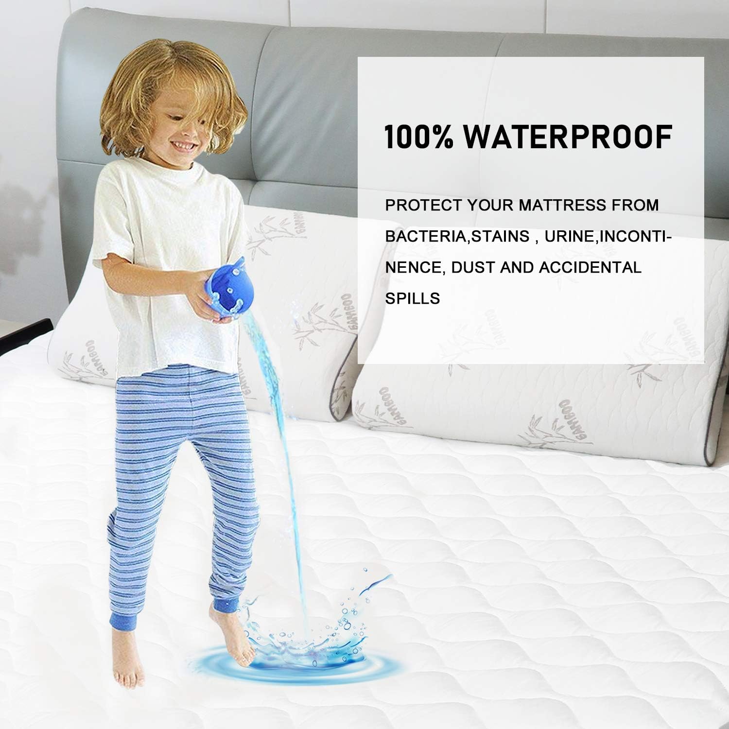 SLEEP ACADEMY Quilted Mattress Pad Protector King - Waterproof Mattress Cover Stretches up to 14 Inches Deep Pocket Noiseless& Durable