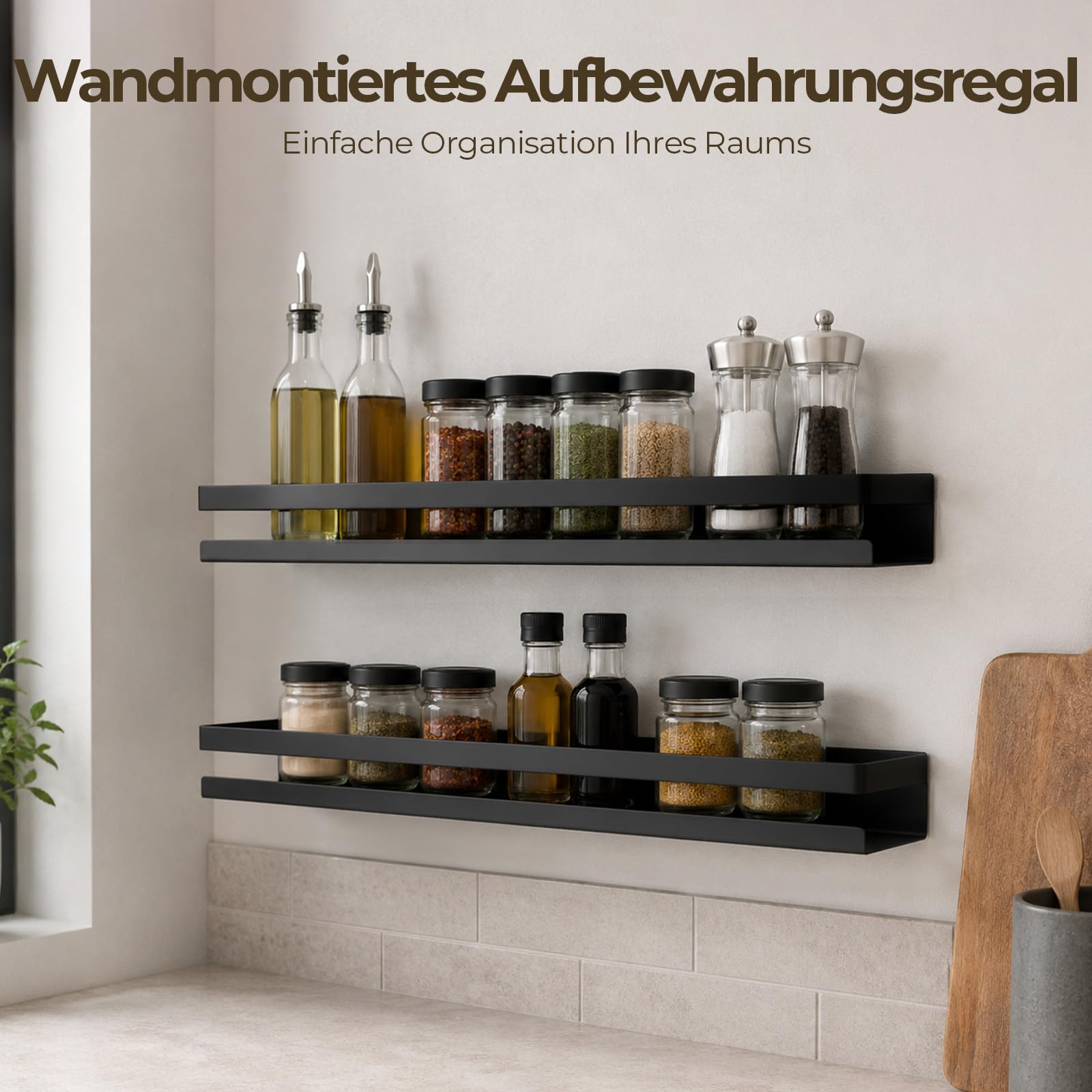 2 Stück Gewürze Rack, 15,7 x 3,9 x 2,3 in Wandhalter, SUS 304 Edelstahl Keine Bohrer Gewürze Racks, rostdichtes schwarzes Metallregal für Küche Badezimmer Wohnzimmer Balkon Organizer