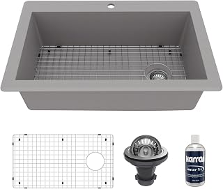 Karran Drop-In/Top Mount 33" Single Bowl Granite Quartz Composite Kitchen Sink Kit, Right Side Drain, Sound Dampening, Extra Deep 9" Basin, Heat & Scratch Resistant, with Grid & Strainer Grey