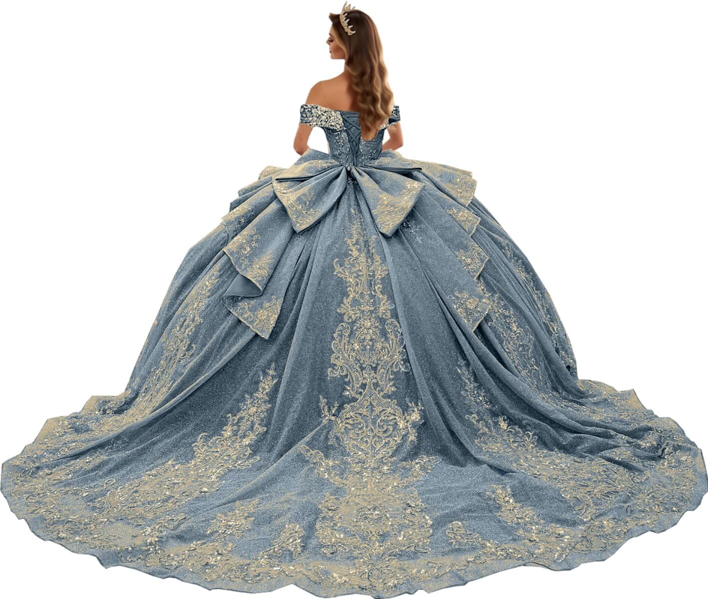 Mauuwy Gold Appliques Quinceanera Dresses with Bow Off Shoulder Layered Ball Gown Glitter XV Dress with Long Train