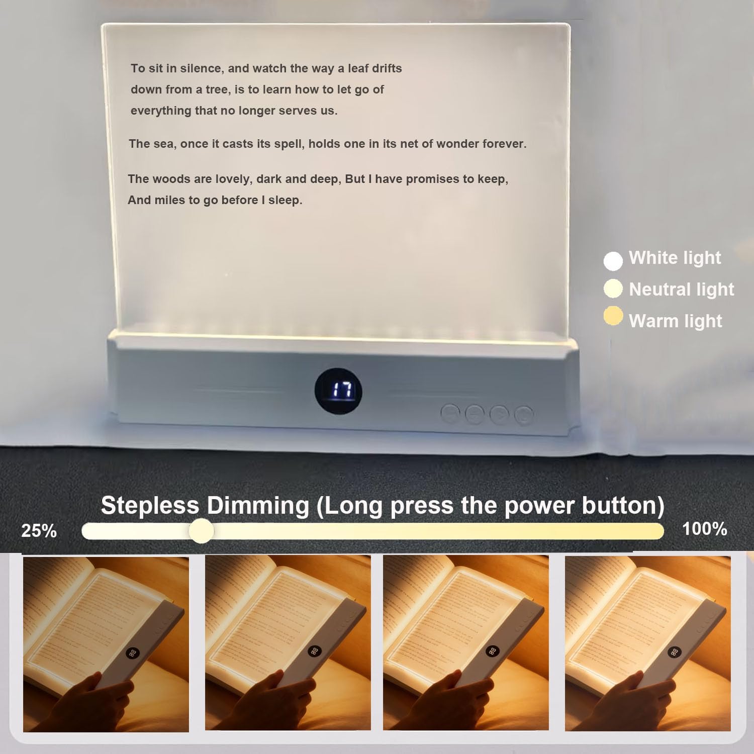 Sohapy Reading Light, Portable Book Lamp for Reading, Rechargeable Clear LED Flat Study Light with 3 Colors & Timer, Study Lamp (White)