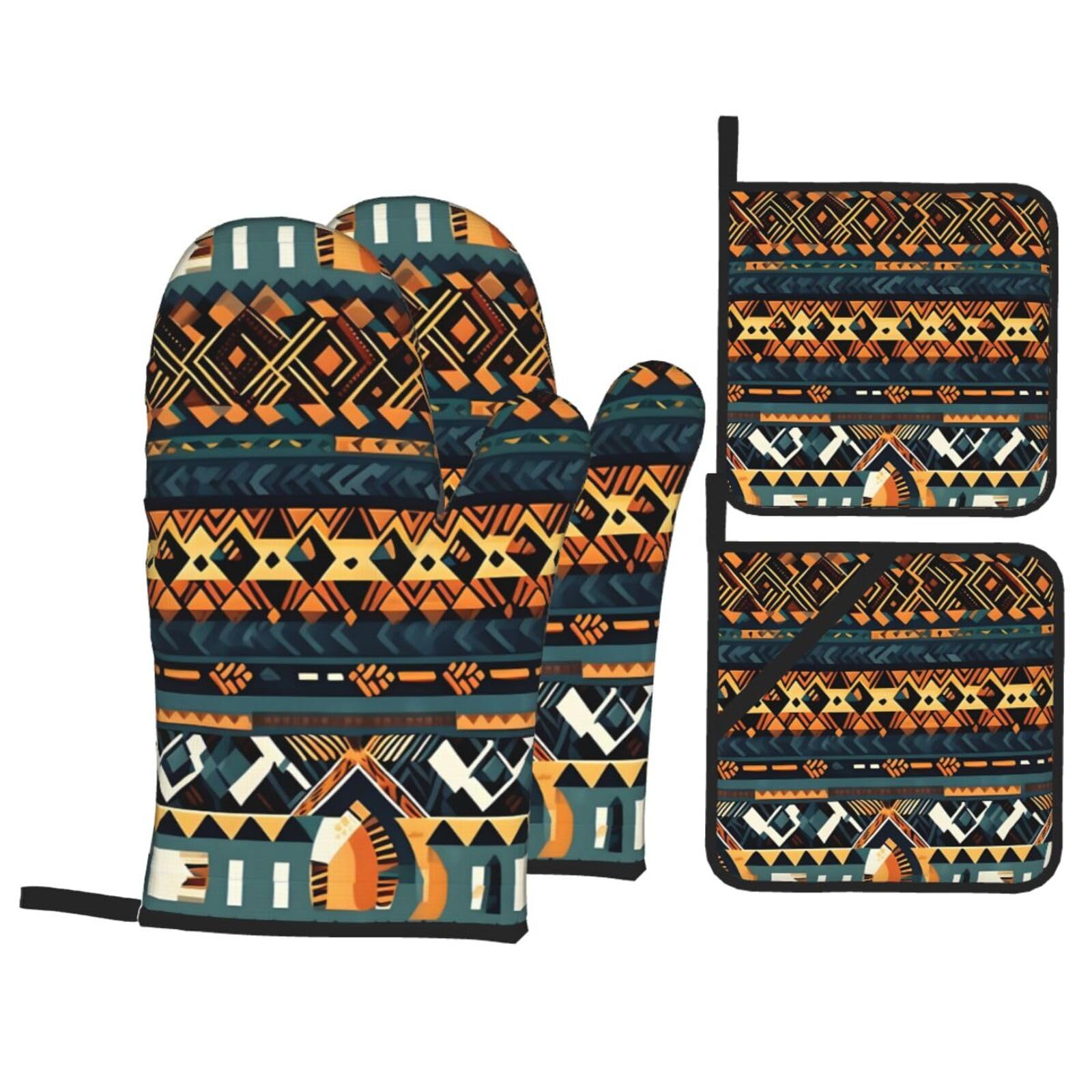 WHJSHOP African Tribal Ethnic Texture Prints Kitchen Baking Throw Set with Heat Resistance, Waterproof Oven Mitts & Pot Holders for Cooking, Grilling & Handling Hot Dishes