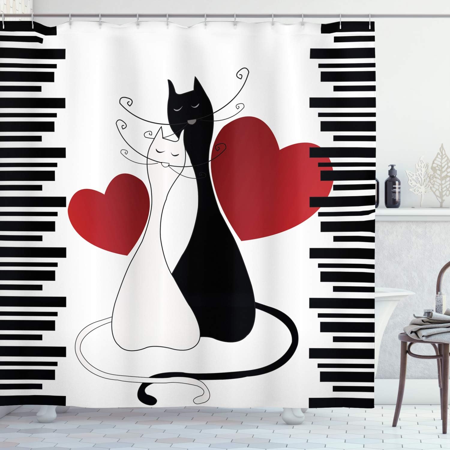 Ambesonne Cats Shower Curtain, Romantic Kittens Pets Couple 2 Tails Hearts and Black Stripes Animals in Love, Cloth Fabric Bathroom Decor Set with Hooks, 69" W x 75" L, White Black Red