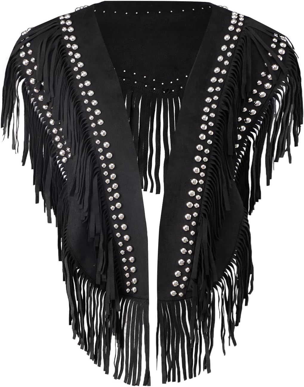 Women Studded Suede Collar Shawl Top Cowboy Cowgirl Western Fringe Vest 70s Hippie Outfits