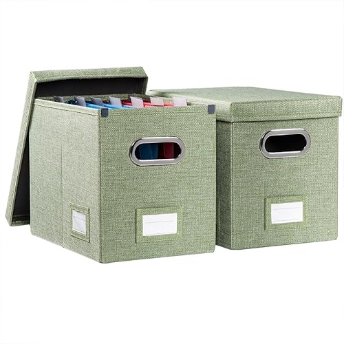 Miniatura 22 de PRANDOM Caja organizadora de archivos, juego de 4 carpetas plegables decorativas de lino para almacenamiento de archivos colgantes con tapas, Gris