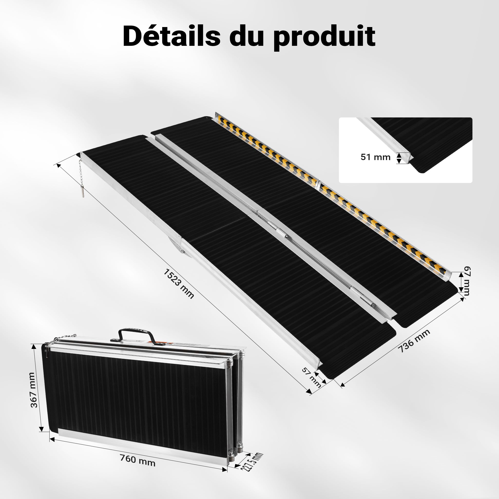Wiltec Rampe pour Fauteuil Roulant – 1525 x 720 x 50 mm – capacité de Charge 270 kg – en Aluminium – Surface antidérapante – Rampe d'accès 2X Pliable Mobile pour Chaise Roulante, Handicapé, PMR