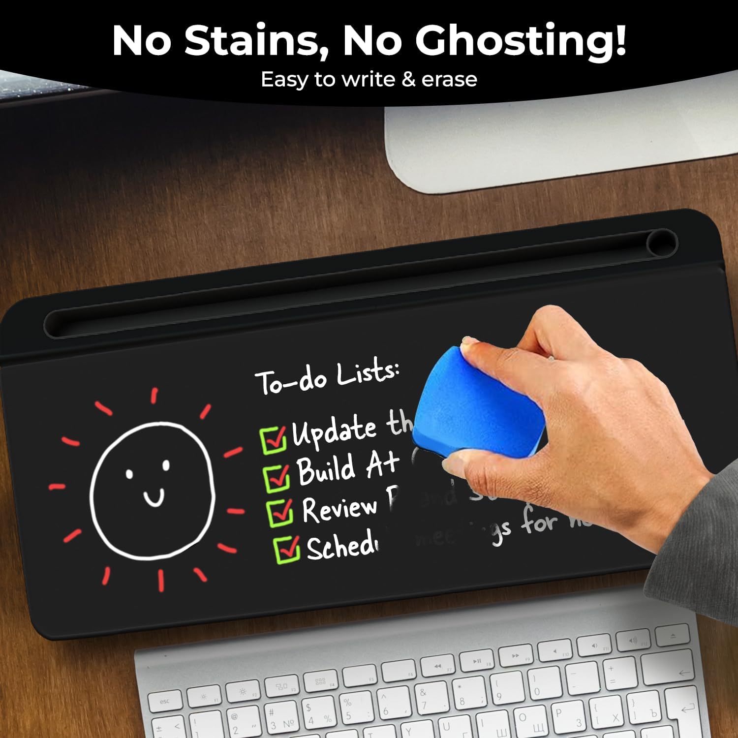 Chalkola Black Glass Desktop Whiteboard with Storage — 16×7 in + 3 Markers