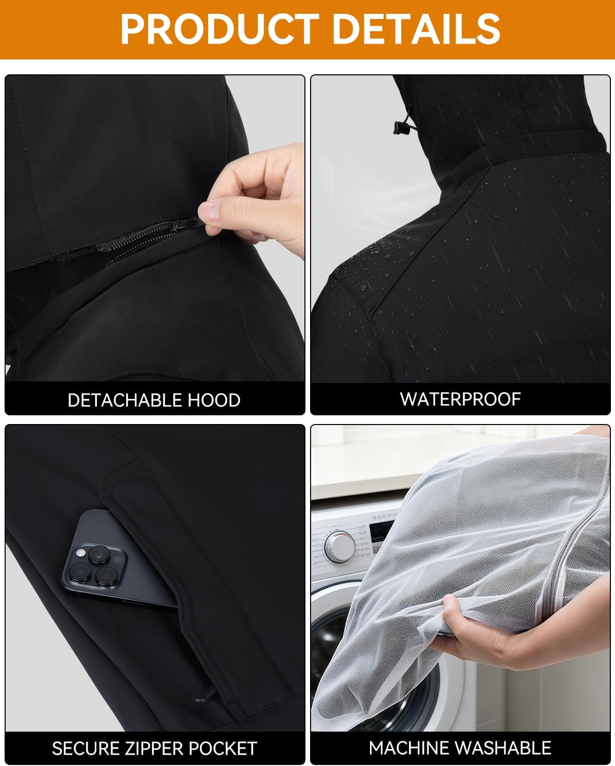 Heated Jackets for Men with 7.4V 16000 Rechargeable Pack, Winter Soft Electric Heated Coat Outdoor with Detachable Hood - Image 6