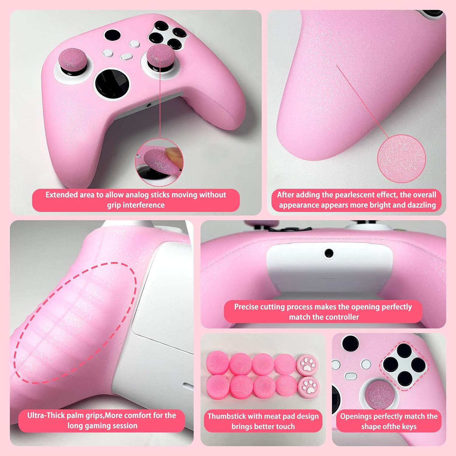 Pink Glitter Silicone Protective Case for Xbox Series X/S Controller, Sparkly Bling Soft Cover Skins, Includes 8-in-1 Glitter Thumb Grip Caps + 2 Cat Paw Caps – Shockproof Dustproof