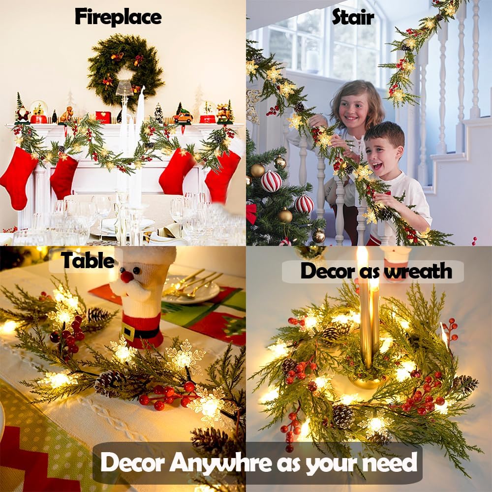 Christmas Garland Lights 6.56FT 20 Snow LED Pine Garland with Lights Battery Operated with Bells Red Berries Pinecones Cypress Greenery Garlands Decoration for Xmas Tree Mantle Door Stairs Home Decor - Image 6