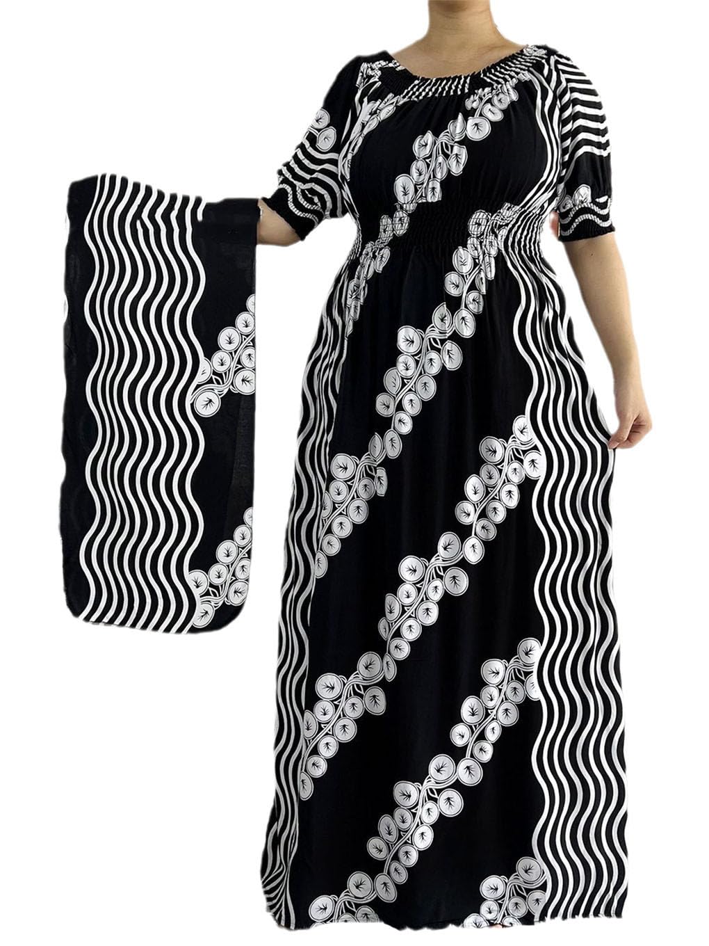 Abito Dashiki Africano Abito in Cotone con Stampa Floreale Abito A Maniche Corte in Vita Abito da Donna Africano Allentato con Sciarpa