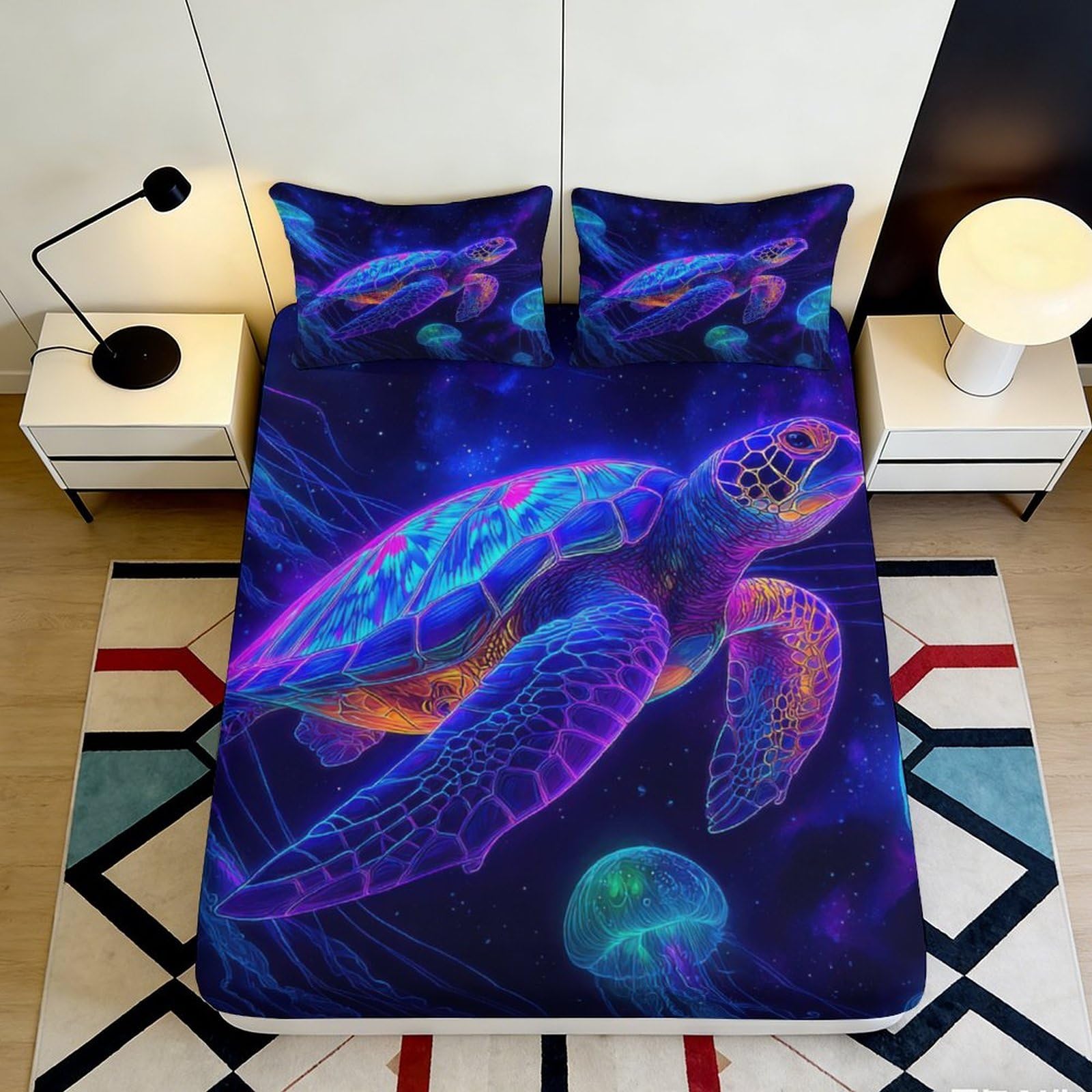 Jqzkxnhpbr Style-2 3D Printed Neon Sea Turtle Fitted Sheet Microfiber Soft Breathable Cosmic Ocean Mattress Cover For Bedroom Dorm Decor 90X200x25cm
