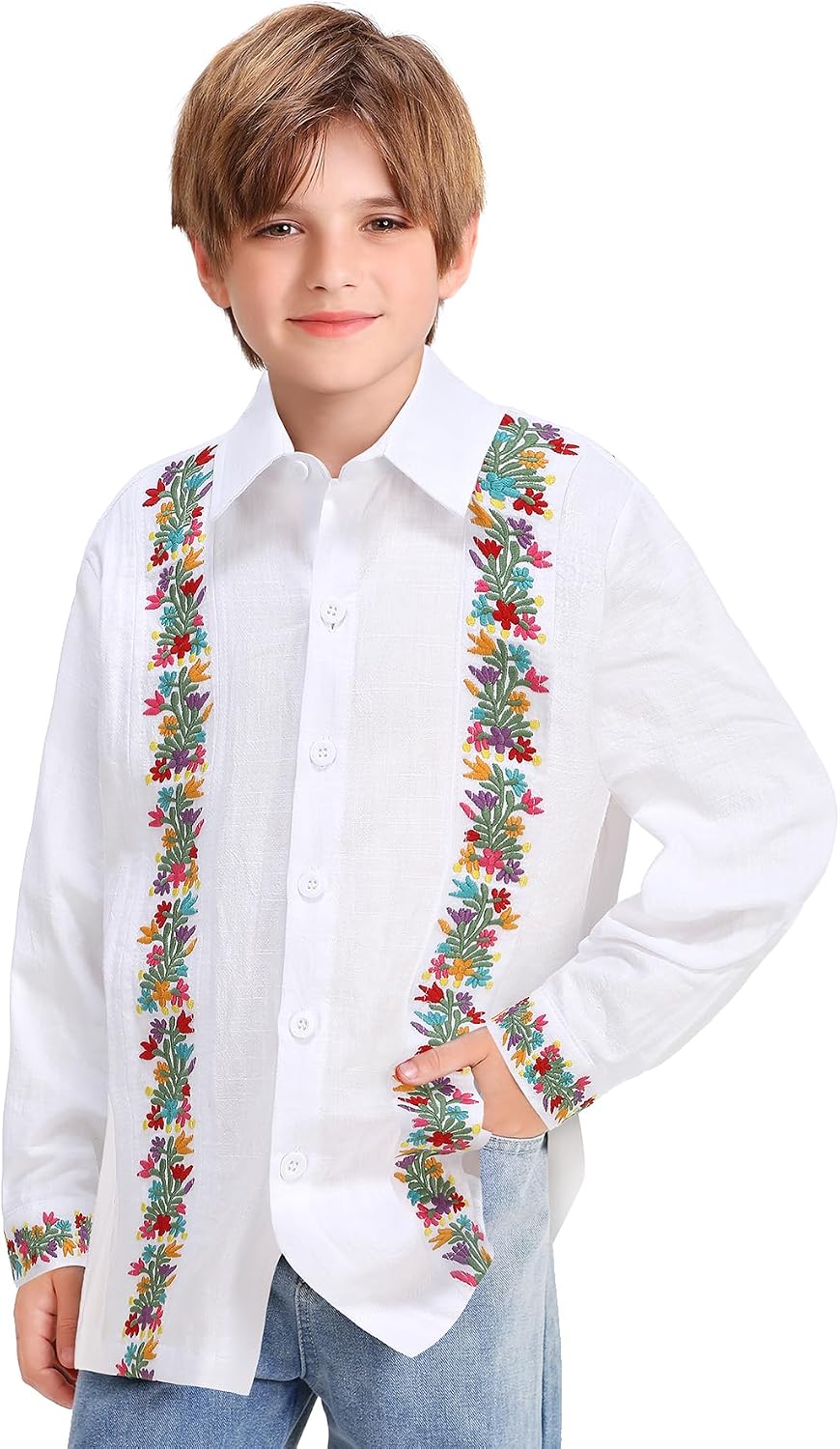Mexican Shirts for Boys Guayabera Traditional Embroidered Kid Cinco De Mayo Fiesta Collared Long Sleeve