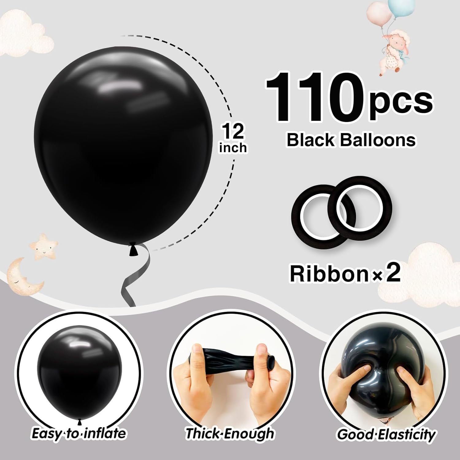 Black Balloons 110pcs 12 Inch Latex Balloon for Happy Birthday Decoration Halloween Anniversary Graduation Wedding Bridal Party Valentine Christmas New Year Decorations