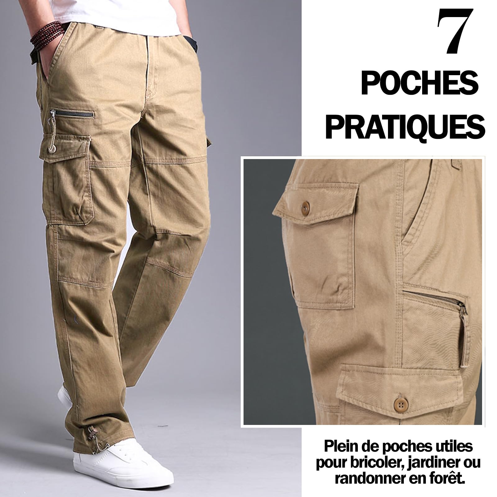 Pantalon Cargo Homme Coton avec 7 Poches Pantalon de Travail Grande Taille Elastique Tube Droit