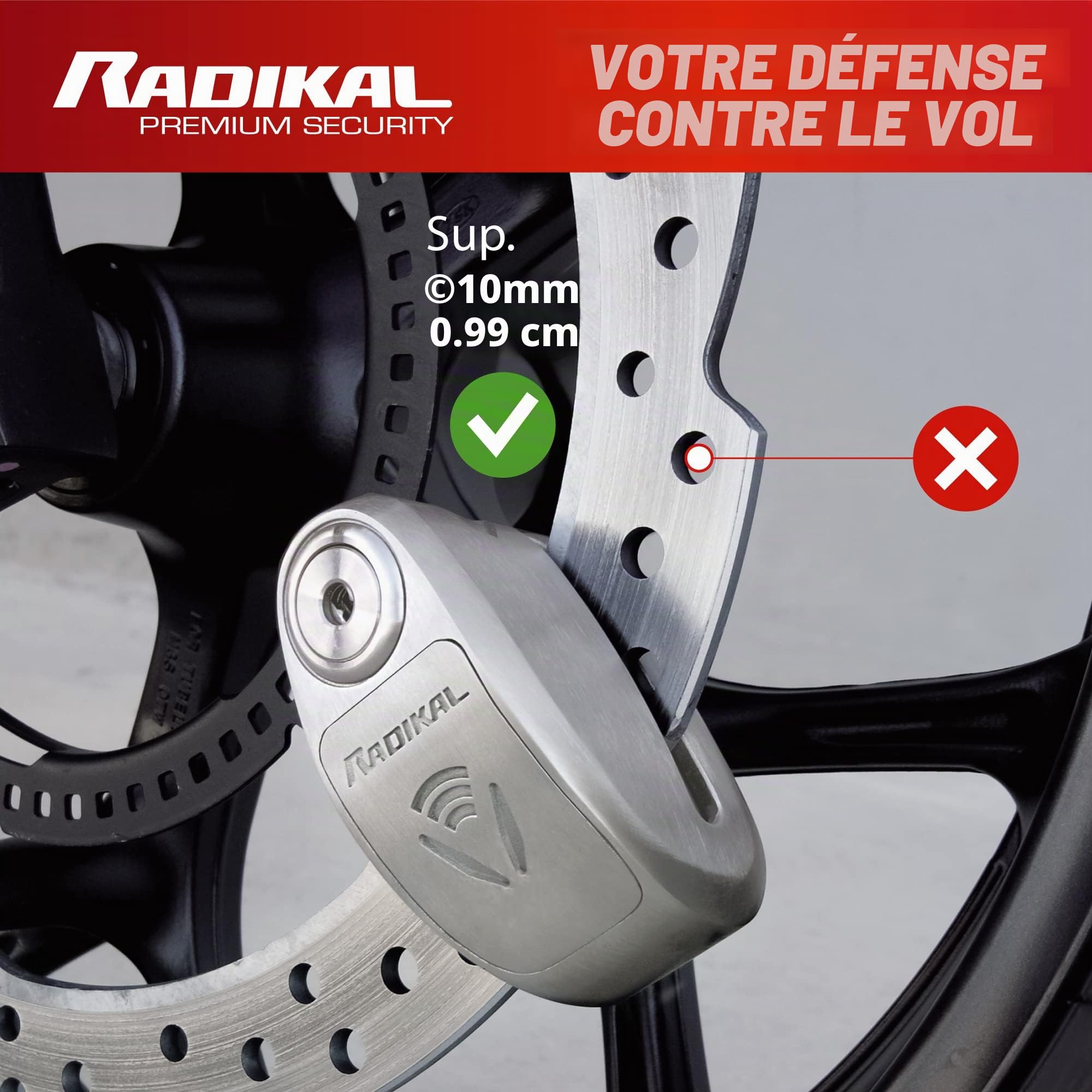 RADIKAL RK910S Antivol Moto Homologué SRA, Bloque Disque Alarme Premium X2-ON, Serrure Haute Sécurité Anti-Perçage Anti-Crochetage, Double Verrouillage 10mm, Bloc Acier Inox Anti Vol pour Moto Scooter