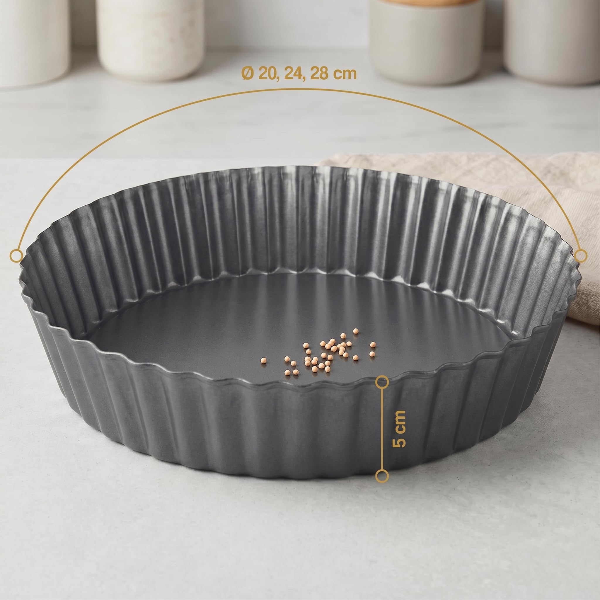 MGE - Set 3 Moldes Quiche Desmontables con Base Extraíble - Moldes de Tarta Rizados Profundos 20, 24 y 28 cm - Antiadherentes para Quiche, Tartas y Tartaletas